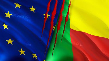 Yara izi olan Avrupa Birliği ve Benin bayrakları. Dalgalanan bayrak, 3 boyutlu görüntüleme. Avrupa Birliği ve Benin çatışma konsepti. Avrupa Birliği Benin ilişkileri kavramı. Avrupa Birliği ve Beni bayrağı