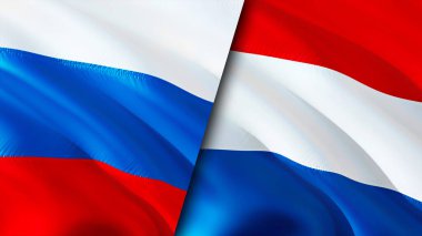 Rusya ve Hollanda bayrakları. 3 boyutlu dalgalanan bayrak tasarımı. Rusya Hollanda bayrağı, resim, duvar kağıdı. Rusya, Hollanda 'ya karşı, görüntü 3D. Rusya Hollanda ile ilişkiler ittifakı