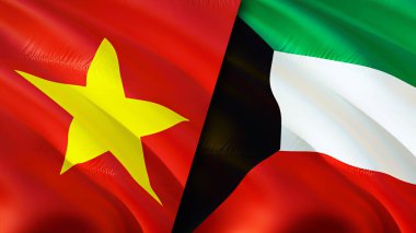 Vietnam ve Kuveyt bayrakları yara izi konseptiyle. Dalgalanan bayrak, 3 boyutlu görüntüleme. Vietnam ve Kuveyt çatışma konsepti. Vietnam Kuveyt ilişkileri kavramı. Vietnam bayrağı ve Kuveyt krizi, savaş, saldırı konsepti