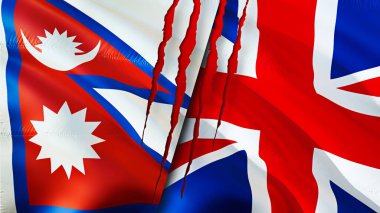 Yara izi olan Nepal ve Birleşik Krallık bayrakları. Dalgalanan bayrak, 3 boyutlu görüntüleme. Nepal ve Birleşik Krallık çatışma konsepti. Nepal Birleşik Krallık ilişkileri kavramı. Nepal ve Birleşik Kingdo bayrağı