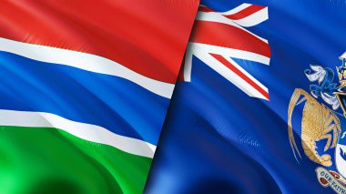 Gambiya ve Tristan da Cunha bayrakları. 3 boyutlu dalgalanan bayrak tasarımı. Gambiya Tristan da Cunha bayrağı, resim, duvar kağıdı. Gambiya, Tristan da Cunha 'ya karşı, görüntü 3 boyutlu. Gambiya Tristan da Cunha ilişkileri ittifak
