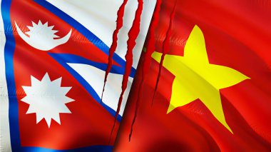 Yara izi olan Nepal ve Vietnam bayrakları. Dalgalanan bayrak, 3 boyutlu görüntüleme. Nepal ve Vietnam çatışma konsepti. Nepal Vietnam ilişkileri kavramı. Nepal bayrağı ve Vietnam krizi, savaş, saldırı konsepti