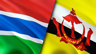 Gambiya ve Brunei bayrakları. 3 boyutlu dalgalanan bayrak tasarımı. Gambia Brunei bayrağı, resim, duvar kağıdı. Gambiya Brunei 'ye karşı, görüntü 3 boyutlu. Gambiya Brunei ilişkileri ittifak ve ticaret, seyahat, turizm konsepti