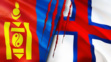 Moğolistan ve Faroe Adaları yara izi olan bayraklar. Dalgalanan bayrak, 3 boyutlu görüntüleme. Moğolistan ve Faroe Adaları çatışma konsepti. Moğolistan Faroe Adaları ilişkileri kavramı. Moğolistan ve Faro bayrağı