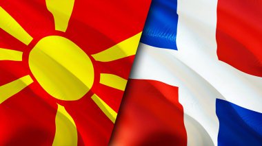 Kuzey Makedonya ve Dominik Cumhuriyeti bayrakları. 3 boyutlu dalgalanan bayrak tasarımı. Kuzey Makedonya Dominik Cumhuriyeti bayrağı, resim, duvar kağıdı. Kuzey Makedonya, Dominik Cumhuriyeti imajına karşı, 3D görüntüleme. Nort