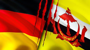 Almanya ve Brunei yara izi olan bayraklar. Dalgalanan bayrak, 3 boyutlu görüntüleme. Almanya ve Brunei çatışma konsepti. Almanya Brunei ilişkileri kavramı. Almanya bayrağı ve Brunei krizi, savaş, saldırı konsepti