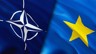 NATO ve DR Kongo bayrakları. 3 boyutlu dalgalanan bayrak tasarımı. DR Kongo NATO bayrağı, resim, duvar kağıdı. NATO, DR Kongo 'ya karşı, görüntü 3 boyutlu. NATO DR Kongo ilişkileri ittifak ve Ticaret, seyahat, turizm konsepti
