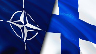 NATO ve Finlandiya bayrakları. 3 boyutlu dalgalanan bayrak tasarımı. Finlandiya NATO bayrağı, resim, duvar kağıdı. NATO, Finlandiya 'ya karşı imaj, 3D görüntüleme. NATO Finlandiya ilişkileri ittifak ve ticaret, seyahat ve turizm kavramları