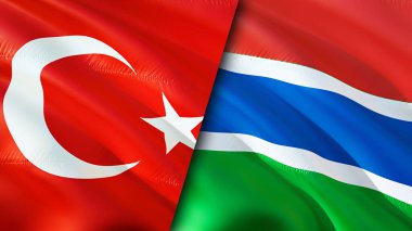 Hindi ve Gambiya bayrakları. 3 boyutlu dalgalanan bayrak tasarımı. Hindi Gambiya bayrağı, resim, duvar kağıdı. Türkiye, Gambiya 'ya karşı, görüntü 3D. Türkiye Gambiya ilişkileri ittifak ve ticaret, seyahat ve turizm consepti