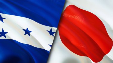 Honduras ve Japonya bayrakları. 3 boyutlu dalgalanan bayrak tasarımı. Honduras Japonya bayrağı, resim, duvar kağıdı. Honduras, Japonya 'ya karşı, görüntü 3 boyutlu. Honduras Japonya ilişkileri ittifak ve ticaret, seyahat, turizm konsepti