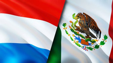 Lüksemburg ve Meksika bayrakları. 3 boyutlu dalgalanan bayrak tasarımı. Lüksemburg Meksika bayrağı, resim, duvar kağıdı. Lüksemburg, Meksika imajına karşı, 3D görüntüleme. Lüksemburg Meksika ilişkileri ittifak ve ticaret, seyahat, turnuva