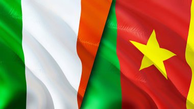 İrlanda ve Kamerun bayrakları. 3 boyutlu dalgalanan bayrak tasarımı. İrlanda Kamerun bayrağı, resim, duvar kağıdı. İrlanda, Kamerun 'a karşı görüntüsü, 3D görüntüleme. İrlanda Kamerun ilişkileri savaş ittifakı kavramı. Ticaret, turnuva.