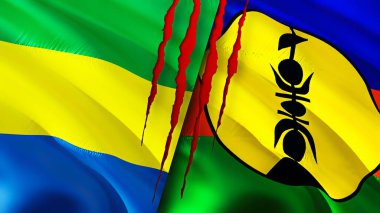 Gabon ve Yeni Kaledonya bayrakları yara izi konseptiyle. Dalgalanan bayrak, 3 boyutlu görüntüleme. Gabon ve Yeni Kaledonya çatışma konsepti. Gabon Yeni Kaledonya ilişkileri kavramı. Gabon ve Yeni Kaledonya bayrağı