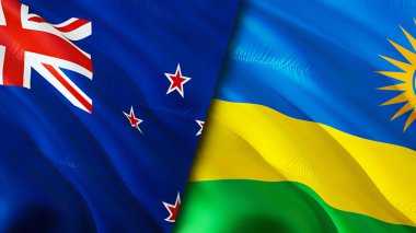 Yeni Zelanda ve Ruanda bayrakları. 3 boyutlu dalgalanan bayrak tasarımı. Yeni Zelanda Ruanda bayrağı, resim, duvar kağıdı. Yeni Zelanda, Ruanda 'ya karşı, görüntü 3D. Yeni Zelanda Ruanda ilişkileri savaş ittifakı kavramı. Ticaret.