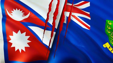 Nepal ve Britanya Virjin Adaları yara izi olan bayraklar. Dalgalanan bayrak, 3 boyutlu görüntüleme. Nepal ve Britanya Virgin Adaları çatışma konsepti. Nepal Britanya Virjin Adaları ilişkileri kavramı. Nepa bayrağı