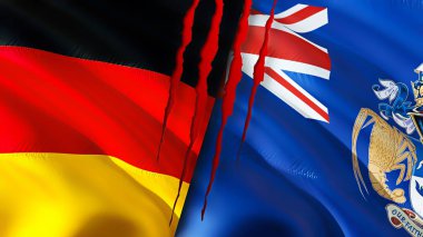 Almanya ve Tristan da Cunha yara izi olan bayraklar. Dalgalanan bayrak, 3 boyutlu görüntüleme. Almanya ve Tristan da Cunha çatışma konsepti. Almanya Tristan da Cunha ilişkileri kavramı. Almanya ve Trista bayrağı