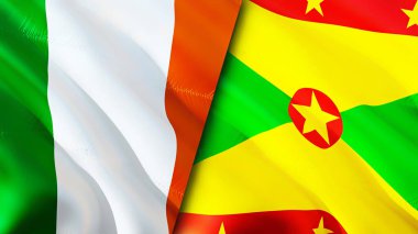 İrlanda ve Grenada bayrakları. 3 boyutlu dalgalanan bayrak tasarımı. İrlanda Grenada bayrağı, resim, duvar kağıdı. İrlanda, Grenada 'ya karşı, görüntü 3 boyutlu. İrlanda Grenada ilişkileri savaş ittifakı kavramı. Ticaret, turnuva.