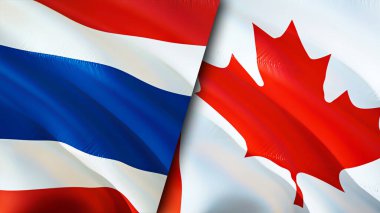 Tayland ve Kanada bayrakları. 3 boyutlu dalgalanan bayrak tasarımı. Tayland ve Kanada bayrağı, resim, duvar kağıdı. Tayland, Kanada 'ya karşı. Görüntü 3 boyutlu. Tayland Kanada ilişkileri ittifak ve ticaret, seyahat, turizm konsepti