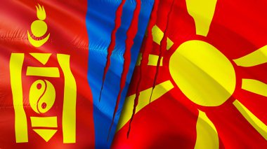 Yara izi olan Moğolistan ve Kuzey Makedonya bayrakları. Dalgalanan bayrak, 3 boyutlu görüntüleme. Moğolistan ve Kuzey Makedonya ihtilaf kavramı. Moğolistan Kuzey Makedonya ilişkileri kavramı. Moğolistan ve Nort bayrağı