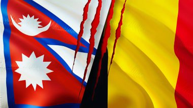 Yara izi olan Nepal ve Belçika bayrakları. Dalgalanan bayrak, 3 boyutlu görüntüleme. Nepal ve Belçika çatışma konsepti. Nepal Belçika ilişkileri kavramı. Nepal ve Belçika bayrağı krizi, savaş, saldırı konsepti