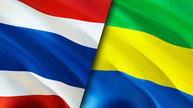 Tayland ve Gabon bayrakları. 3 boyutlu dalgalanan bayrak tasarımı. Tayland Gabon bayrağı, resim, duvar kağıdı. Tayland, Gabon 'a karşı, görüntü 3 boyutlu. Tayland Gabon ilişkileri ittifak ve ticaret, seyahat, turizm konsepti