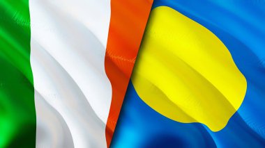 İrlanda ve Palau bayrakları. 3 boyutlu dalgalanan bayrak tasarımı. İrlanda Palau bayrağı, resim, duvar kağıdı. İrlanda, Palau 'ya karşı, görüntü 3 boyutlu. İrlanda Palau ilişkileri savaş ittifakı kavramı. Ticaret, turizm konsepti