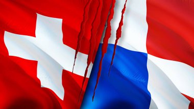 Yara izi olan İsviçre ve Panama bayrakları. Dalgalanan bayrak, 3 boyutlu görüntüleme. İsviçre ve Panama çatışma konsepti. İsviçre Panama ilişkileri kavramı. İsviçre bayrağı ve Panama krizi, savaş