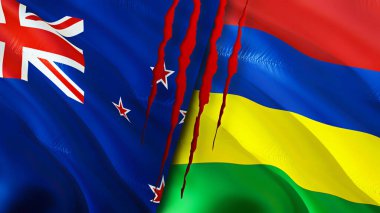 Yara izi olan Yeni Zelanda ve Mauritius bayrakları. 3D bayrak sallama. Yeni Zelanda ve Mauritius çatışma konsepti. Yeni Zelanda Mauritius ilişkileri kavramı. Yeni Zelanda ve Mauritiu bayrağı
