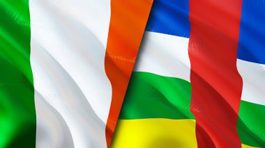 İrlanda ve Orta Afrika Cumhuriyeti bayrakları. 3 boyutlu dalgalanan bayrak tasarımı. İrlanda Orta Afrika Cumhuriyeti bayrağı, resim, duvar kağıdı. İrlanda, Orta Afrika Cumhuriyeti imajına karşı, 3D görüntüleme. İrlanda Centra