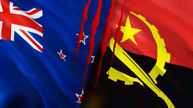 Yara izi olan Yeni Zelanda ve Angola bayrakları. 3D bayrak sallama. Yeni Zelanda ve Angola çatışma konsepti. Yeni Zelanda Angola ilişkileri kavramı. Yeni Zelanda bayrağı ve Angola krizi, savaş