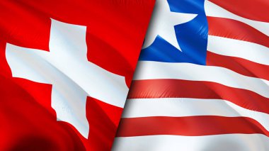 İsviçre ve Liberya bayrakları. 3 boyutlu dalgalanan bayrak tasarımı. İsviçre Liberya bayrağı, resim, duvar kağıdı. İsviçre Liberya 'ya karşı, görüntü 3 boyutlu. İsviçre Liberya ilişkileri ittifakı