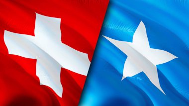 İsviçre ve Somali bayrakları. 3 boyutlu dalgalanan bayrak tasarımı. İsviçre Somali bayrağı, resim, duvar kağıdı. İsviçre, Somali 'ye karşı görüntü, 3D görüntüleme. İsviçre Somali ilişkileri ittifakı