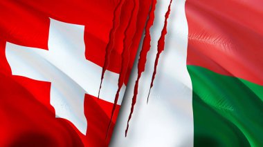 Yara izi olan İsviçre ve Madagaskar bayrakları. Dalgalanan bayrak, 3 boyutlu görüntüleme. İsviçre ve Madagaskar çatışma konsepti. İsviçre Madagaskar ilişkileri kavramı. İsviçre bayrağı ve