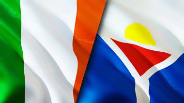 İrlanda ve Saint Martin bayrakları. 3 boyutlu dalgalanan bayrak tasarımı. İrlanda Saint Martin bayrağı, resim, duvar kağıdı. İrlanda, Saint Martin imajına karşı, 3D görüntüleme. İrlanda Saint Martin ilişkileri savaş ittifakı