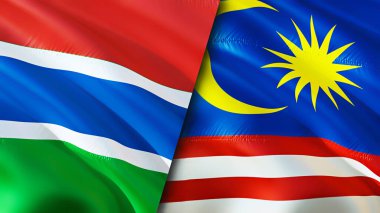 Gambiya ve Malezya bayrakları. 3 boyutlu dalgalanan bayrak tasarımı. Gambiya Malezya bayrağı, resim, duvar kağıdı. Gambiya, Malezya 'ya karşı, görüntü 3 boyutlu. Gambiya Malezya ilişkileri ittifak ve ticaret, seyahat, turizm konsepti