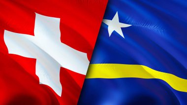 İsviçre ve Curacao bayrakları. 3 boyutlu dalgalanan bayrak tasarımı. İsviçre Curacao bayrağı, resim, duvar kağıdı. İsviçre, Curacao 'ya karşı, görüntü 3 boyutlu. İsviçre Curacao ilişkileri ittifakı