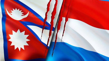 Yara izi olan Nepal ve Lüksemburg bayrakları. Dalgalanan bayrak, 3 boyutlu görüntüleme. Nepal ve Lüksemburg çatışma konsepti. Nepal Lüksemburg ilişkileri kavramı. Nepal ve Lüksemburg krizi bayrağı, savaş, attac