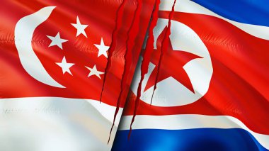 Singapur ve Kuzey Kore bayraklarında yara izi var. Dalgalanan bayrak, 3 boyutlu görüntüleme. Singapur ve Kuzey Kore çatışma konsepti. Singapur Kuzey Kore ilişkileri kavramı. Singapur ve Kuzey Kore bayrağı