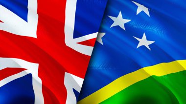 Birleşik Krallık ve Solomon Adaları bayrakları. 3 boyutlu dalgalanan bayrak tasarımı. Birleşik Krallık Solomon Adaları bayrağı, resmi, duvar kağıdı. Birleşik Krallık, Solomon Adaları 'na karşı. Görüntü 3 boyutlu. Birleşik Krallık Solomo