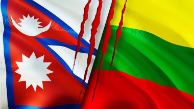 Yara izi olan Nepal ve Litvanya bayrakları. Dalgalanan bayrak, 3 boyutlu görüntüleme. Nepal ve Litvanya çatışma konsepti. Nepal Litvanya ilişkileri kavramı. Nepal ve Litvanya bayrağı krizi, savaş, saldırı konsepti