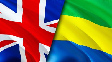 Birleşik Krallık ve Gabon bayrakları. 3 boyutlu dalgalanan bayrak tasarımı. Birleşik Krallık Gabon bayrağı, resim, duvar kağıdı. Birleşik Krallık, Gabon 'a karşı, görüntü 3 boyutlu. Birleşik Krallık Gabon ilişkileri ittifakı