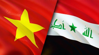Vietnam ve Irak bayrakları yara izi konseptiyle. Dalgalanan bayrak, 3 boyutlu görüntüleme. Vietnam ve Irak çatışma konsepti. Vietnam Irak ilişkileri kavramı. Vietnam bayrağı ve Irak krizi, savaş, saldırı konsepti