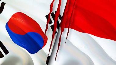 Güney Kore ve Monako bayraklarında yara izi var. Dalgalanan bayrak, 3 boyutlu görüntüleme. Güney Kore ve Monako çatışma konsepti. Güney Kore Monako ilişkileri kavramı. Güney Kore bayrağı ve Monako krizi, savaş