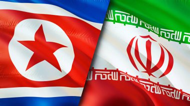 Kuzey Kore ve İran bayrakları. 3 boyutlu dalgalanan bayrak tasarımı. Kuzey Kore İran bayrağı, resim, duvar kağıdı. Kuzey Kore, İran 'a karşı, görüntü 3D. Kuzey Kore İran ilişkileri ittifak ve ticaret, seyahat, turnuva