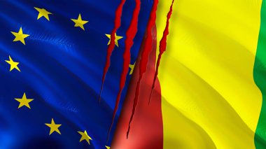 Yara izi olan Avrupa Birliği ve Gine bayrakları. Dalgalanan bayrak, 3 boyutlu görüntüleme. Avrupa Birliği ve Gine çatışması konsepti. Avrupa Birliği Gine ilişkileri kavramı. Avrupa Birliği ve Gine bayrağı