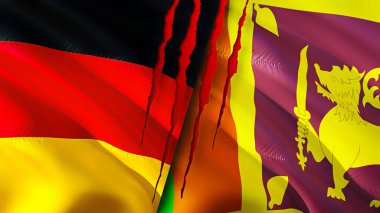 Almanya ve Sri Lanka bayraklarında yara izi var. Dalgalanan bayrak, 3 boyutlu görüntüleme. Almanya ve Sri Lanka çatışma konsepti. Almanya Sri Lanka ilişkileri kavramı. Almanya bayrağı ve Sri Lanka krizi, savaş, attac