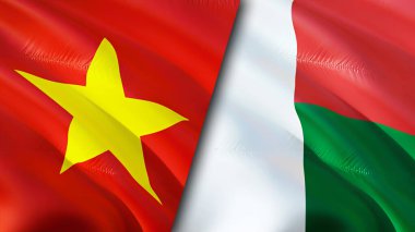 Vietnam ve Madagaskar bayrakları yara izi konseptiyle. Dalgalanan bayrak, 3 boyutlu görüntüleme. Vietnam ve Madagaskar çatışma konsepti. Vietnam Madagaskar ilişkileri kavramı. Vietnam bayrağı ve Madagaskar krizi, savaş