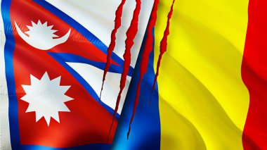 Nepal ve Romanya yara izi kavramına sahip bayraklar. Dalgalanan bayrak, 3 boyutlu görüntüleme. Nepal ve Romanya çatışma konsepti. Nepal Romanya ilişkileri kavramı. Nepal ve Romanya krizi bayrağı, savaş, saldırı konsepti