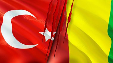 Hindi ve Gine bayrakları ve yara izi konsepti. Dalgalanan bayrak, 3 boyutlu görüntüleme. Türkiye ve Gine çatışma konsepti. Hindi Gine ilişkileri kavramı. Türkiye ve Gine bayrağı krizi, savaş, saldırı konsepti