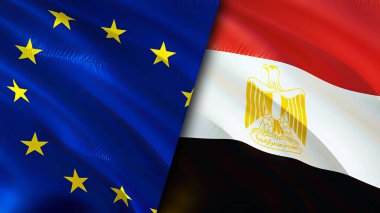 Avrupa Birliği ve Mısır bayrakları. 3 boyutlu dalgalanan bayrak tasarımı. Avrupa Birliği Mısır bayrağı, resim, duvar kağıdı. Avrupa Birliği, Mısır 'a karşı imaj, 3D görüntüleme. Avrupa Birliği Mısır ilişkileri ittifakı